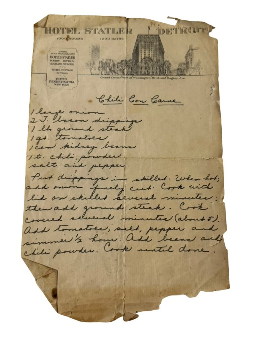 Antique 1920s Hotel Statler Detroit Handwritten Chili Con Carne Recipe Ephemera